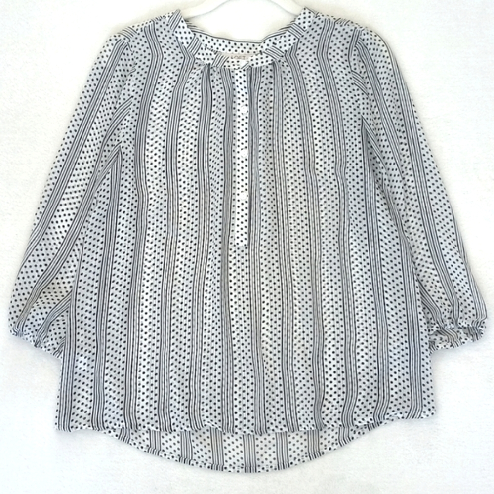 Ann Taylor Loft White Sheer Black Polka Dot & Stripes 3/4 Sleeve Blouse M/P